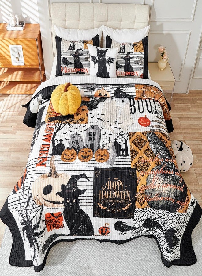 Cmfshape طقم لحاف وغطاء سرير للهالوين من سي إم إف شيب، 3 قطع، بتصميم قطة سوداء وقرع وعنكبوت وجمجمة، مقاس كينج، طقم غطاء سرير قابل للعكس مع غطاءين للوسائد (كينج 104 بوصة × 90 بوصة). - Image 2