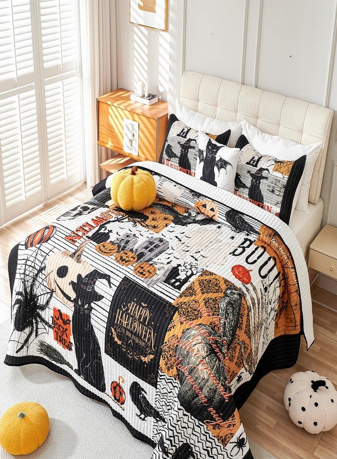 Cmfshape طقم لحاف وغطاء سرير للهالوين من سي إم إف شيب، 3 قطع، بتصميم قطة سوداء وقرع وعنكبوت وجمجمة، مقاس كينج، طقم غطاء سرير قابل للعكس مع غطاءين للوسائد (كينج 104 بوصة × 90 بوصة). - Image 5