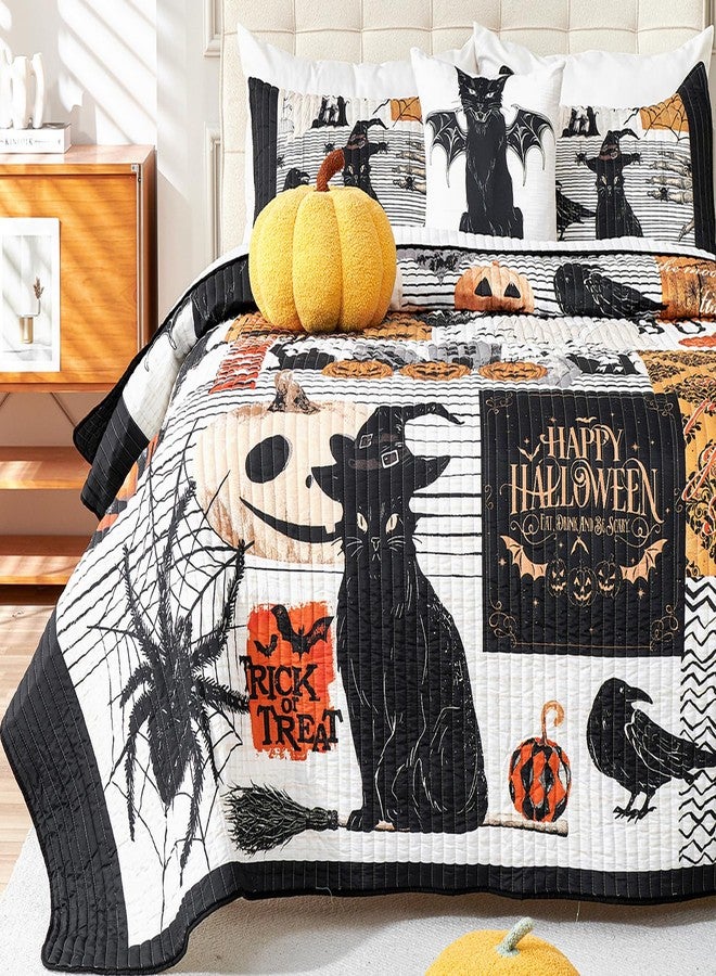 Cmfshape طقم لحاف وغطاء سرير للهالوين من سي إم إف شيب، 3 قطع، بتصميم قطة سوداء وقرع وعنكبوت وجمجمة، مقاس كينج، طقم غطاء سرير قابل للعكس مع غطاءين للوسائد (كينج 104 بوصة × 90 بوصة). - Image 3
