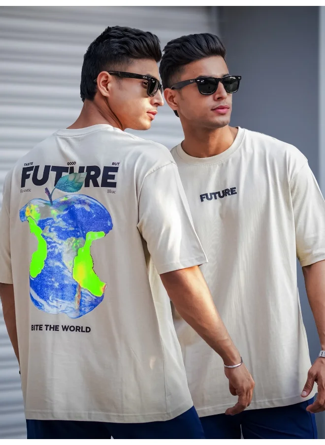 مانياك Maniac Mens Future Printed Round Neck Half Sleeve Biscuit and Black Cotton T-Shirt