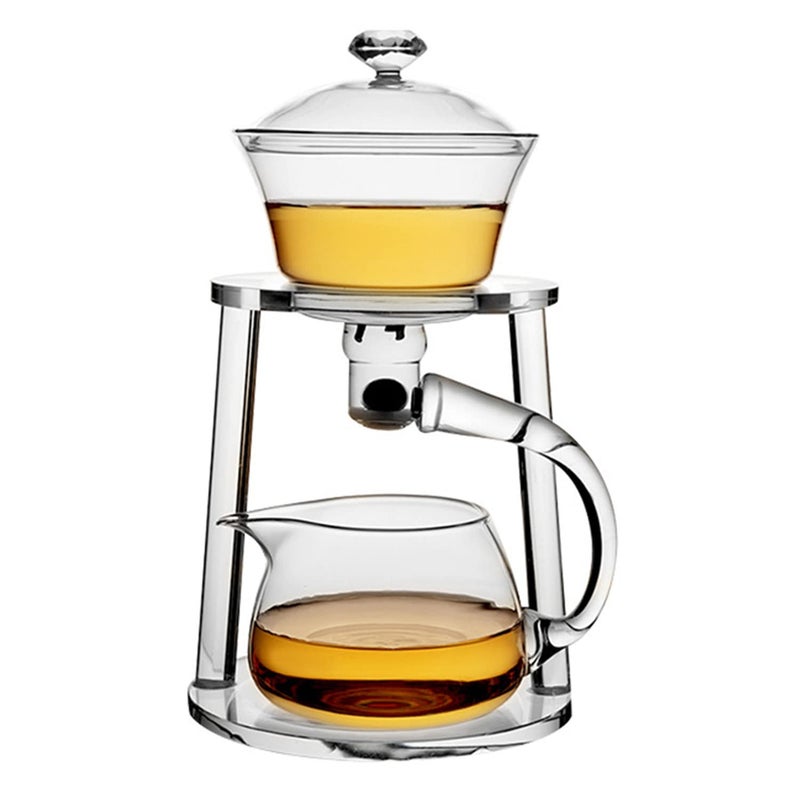 Mozeo Glass Semiautomatic Tea Set Wooden Glass Tea Set Water Diversion Rotating Cover Bowl Lazy Tea Maker Teapot Kungfu Fu teacup Glass Clear Handle Teapot A