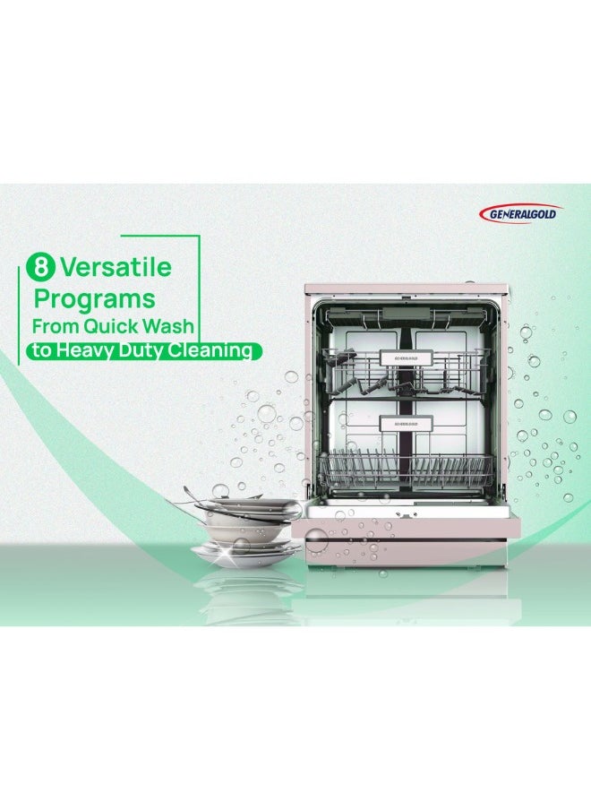 General Gold Dishwasher Machine 14 Place Setting, 8 Programs, 3 Layer Basket, 3 Spray Bars, Aqua stop Technology, Energy Efficient with Easy Lift-Up Design