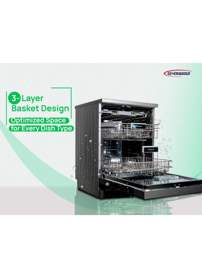 General Gold Dishwasher Machine 14 Place Setting, 8 Programs, 3 Layer Basket, 3 Spray Bars, Aqua stop Technology, Energy Efficient with Easy Lift-Up Design