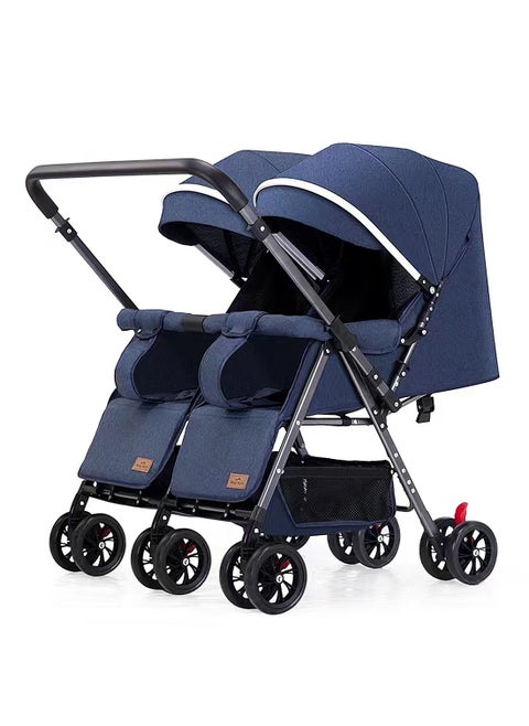 Baby Twin Stroller, Side By Side, Lightweight Double Stroller, Pushchair For Twin,Adjustable Canopy And Bassinet-blue