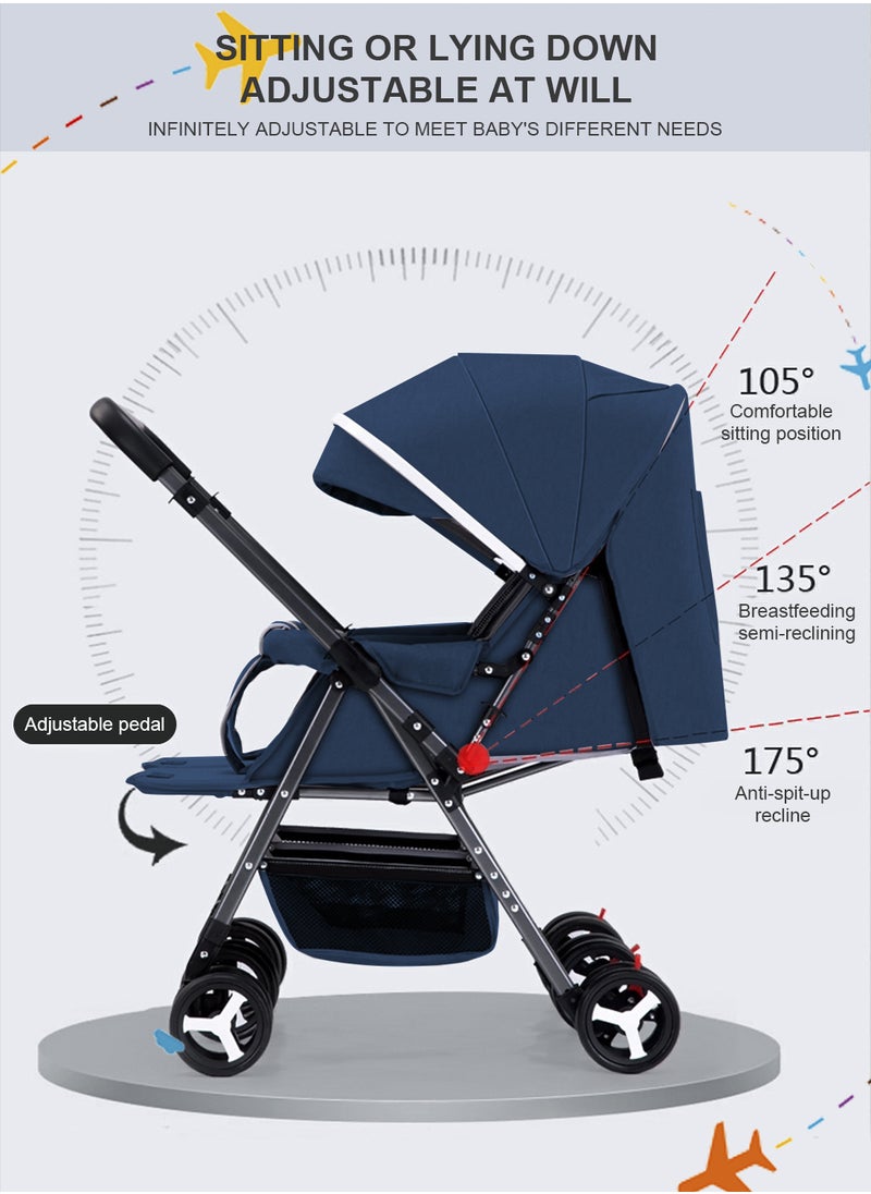 Baby Twin Stroller, Side By Side, Lightweight Double Stroller, Pushchair For Twin,Adjustable Canopy And Bassinet-blue