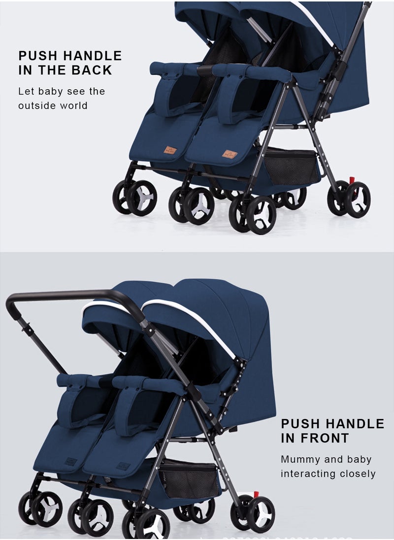Baby Twin Stroller, Side By Side, Lightweight Double Stroller, Pushchair For Twin,Adjustable Canopy And Bassinet-blue