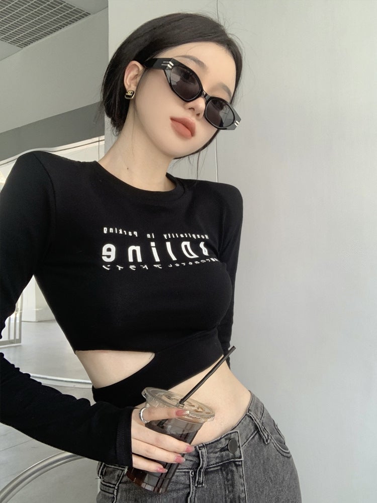 Jazz Dance Tight Short Long-Sleeved T-Shirt Women'S Group Style Spring Sweet Tie Pure Desire Slim High Waist Bottoming Shirt Autumn - Image 3
