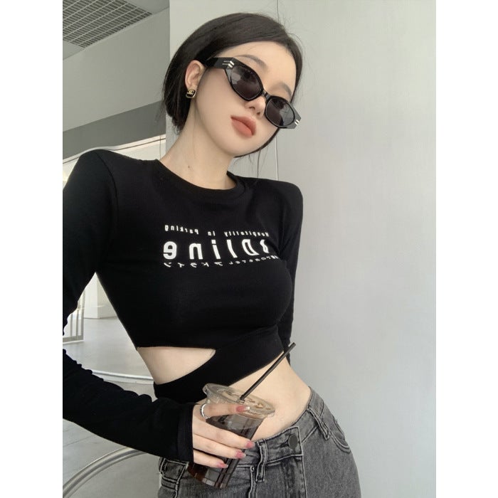 Jazz Dance Tight Short Long-Sleeved T-Shirt Women'S Group Style Spring Sweet Tie Pure Desire Slim High Waist Bottoming Shirt Autumn - Image 1