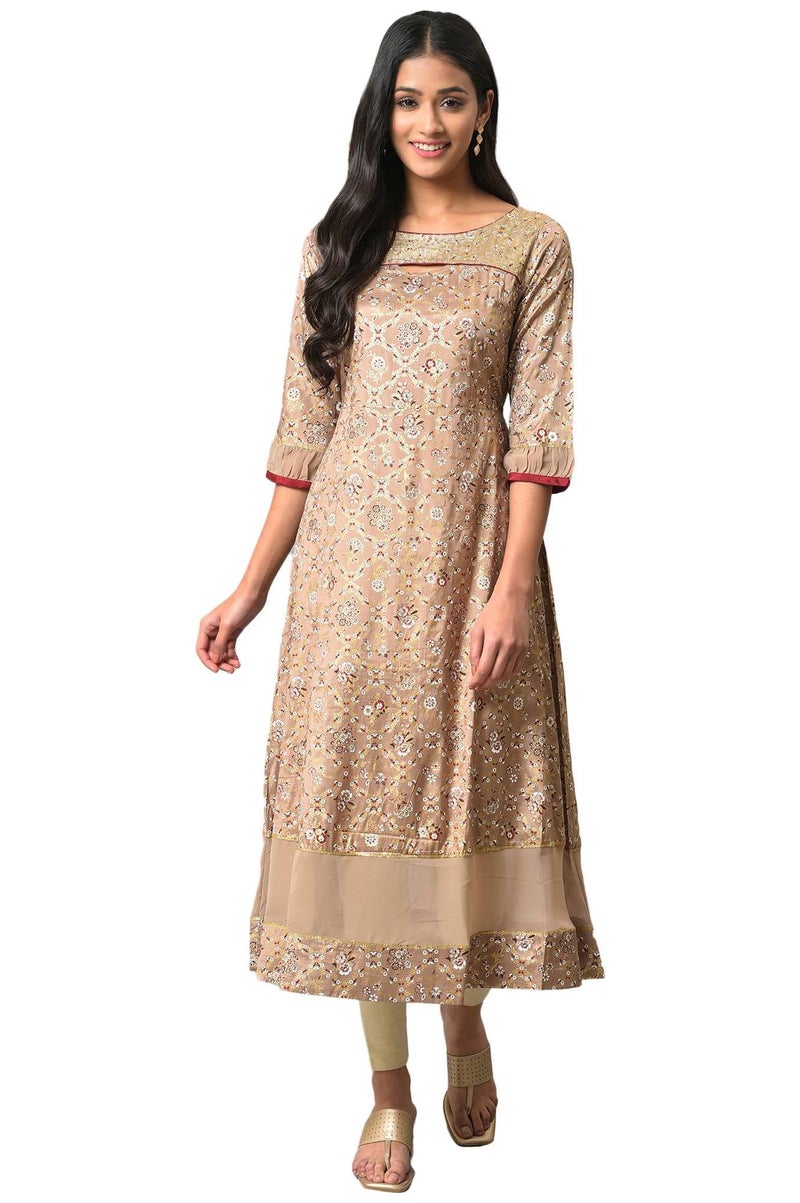 Aurelia Women's Viscose Regular Kurta (22AUA13503-506032_Beige - Image 3