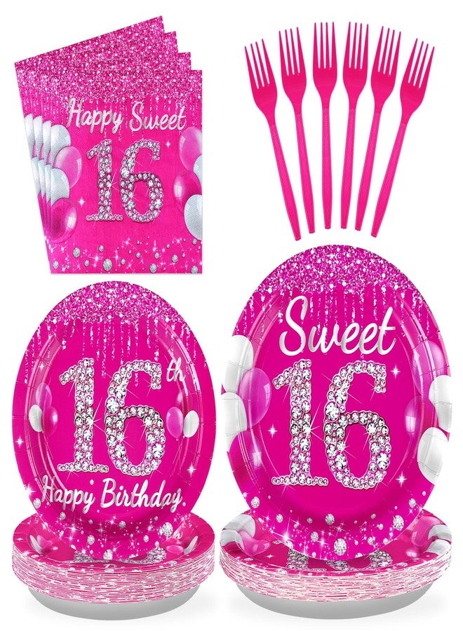 Grencian 96Pcs 16th Birthday Party Supplies: Hot Pink Sweet 16 Plates, Napkins, Forks - Serves 24 - Image 1