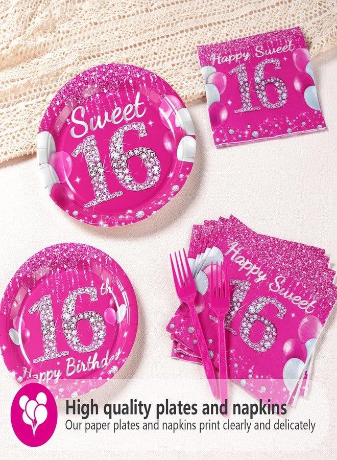 Grencian 96Pcs 16th Birthday Party Supplies: Hot Pink Sweet 16 Plates, Napkins, Forks - Serves 24 - Image 4