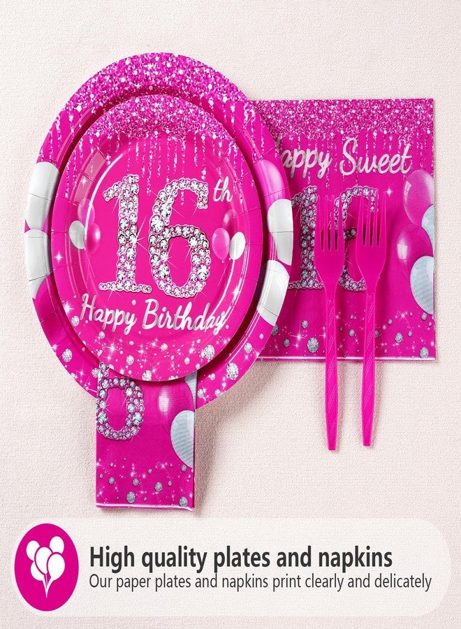 Grencian 96Pcs 16th Birthday Party Supplies: Hot Pink Sweet 16 Plates, Napkins, Forks - Serves 24 - Image 3