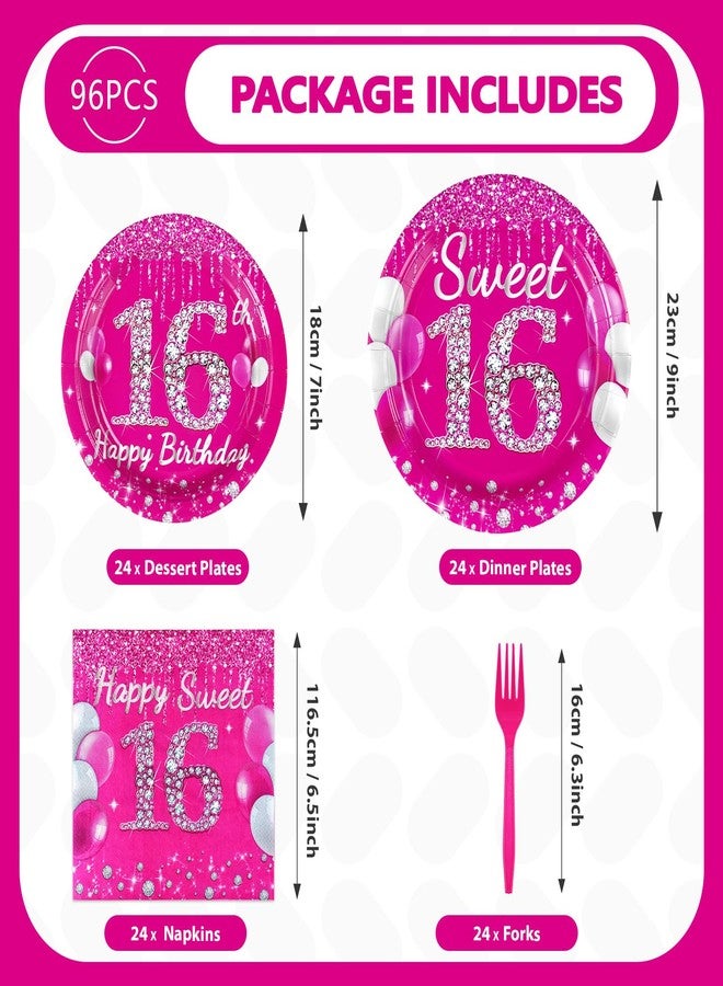 Grencian 96Pcs 16th Birthday Party Supplies: Hot Pink Sweet 16 Plates, Napkins, Forks - Serves 24 - Image 2