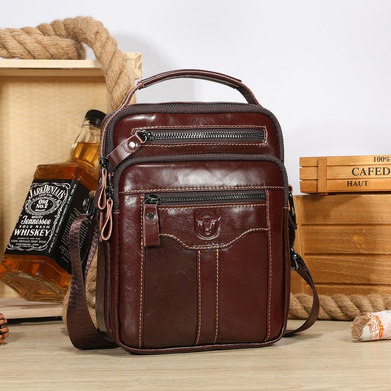 BULLCAPTAIN Leather Crossbody Bags for Men Casual Shoulder Bag Travel Messenger Bag Vintage Handbag Multi Pocket Satchel (Coffee) - Image 3