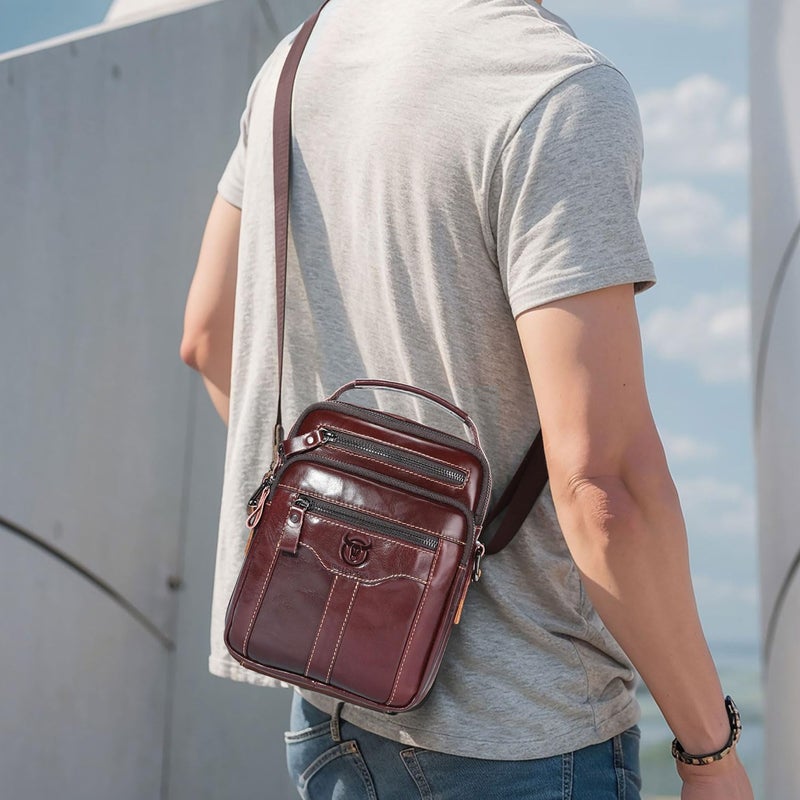 BULLCAPTAIN Leather Crossbody Bags for Men Casual Shoulder Bag Travel Messenger Bag Vintage Handbag Multi Pocket Satchel (Coffee) - Image 2