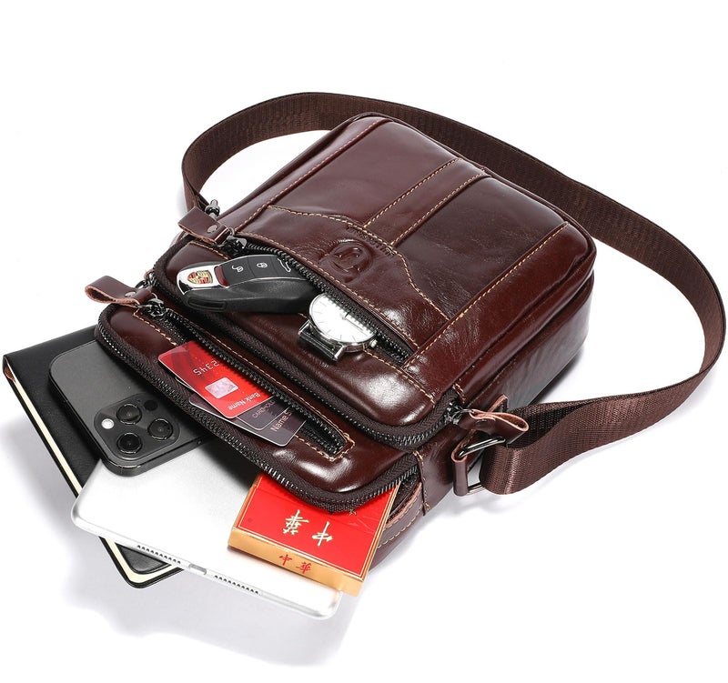 BULLCAPTAIN Leather Crossbody Bags for Men Casual Shoulder Bag Travel Messenger Bag Vintage Handbag Multi Pocket Satchel (Coffee) - Image 5