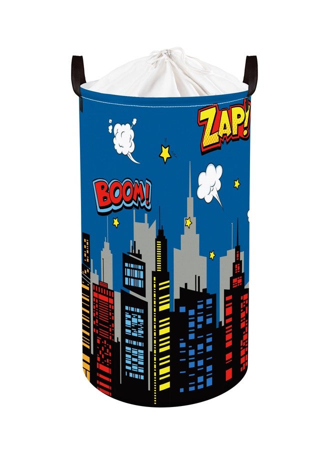 Clastyle 45L Large Blue City Hero Skyline Kid Laundry Hamper with Handle Comic Hero Building Silhouettes Clothes Toy Boys Basket with Lid for Nursery - Image 1