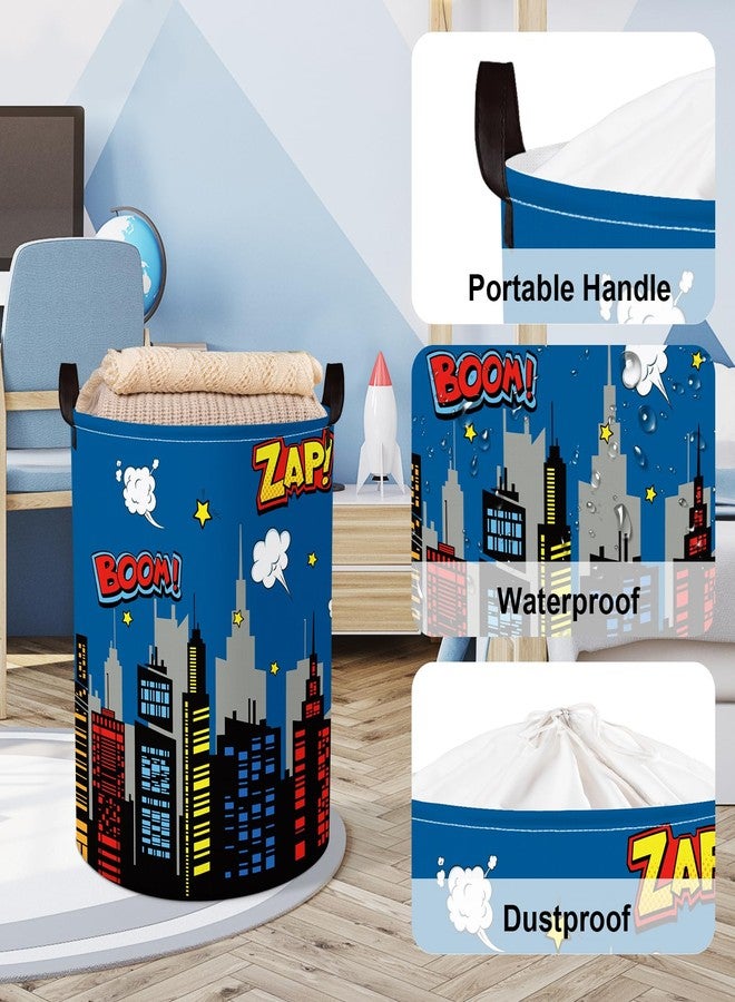 Clastyle 45L Large Blue City Hero Skyline Kid Laundry Hamper with Handle Comic Hero Building Silhouettes Clothes Toy Boys Basket with Lid for Nursery - Image 4