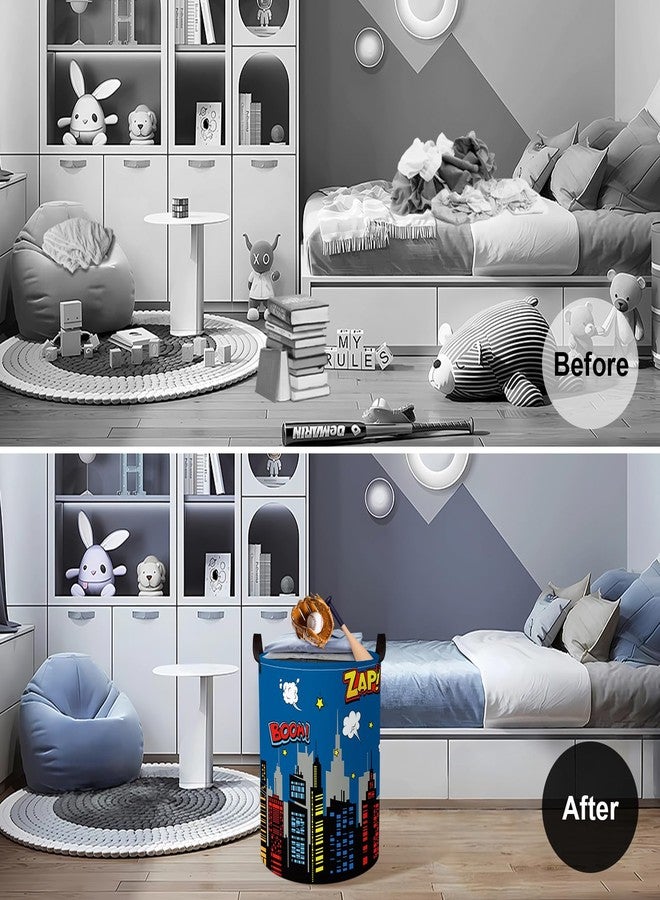 Clastyle 45L Large Blue City Hero Skyline Kid Laundry Hamper with Handle Comic Hero Building Silhouettes Clothes Toy Boys Basket with Lid for Nursery - Image 2