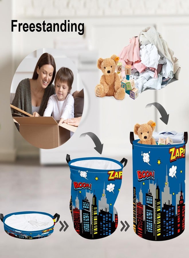 Clastyle 45L Large Blue City Hero Skyline Kid Laundry Hamper with Handle Comic Hero Building Silhouettes Clothes Toy Boys Basket with Lid for Nursery - Image 3