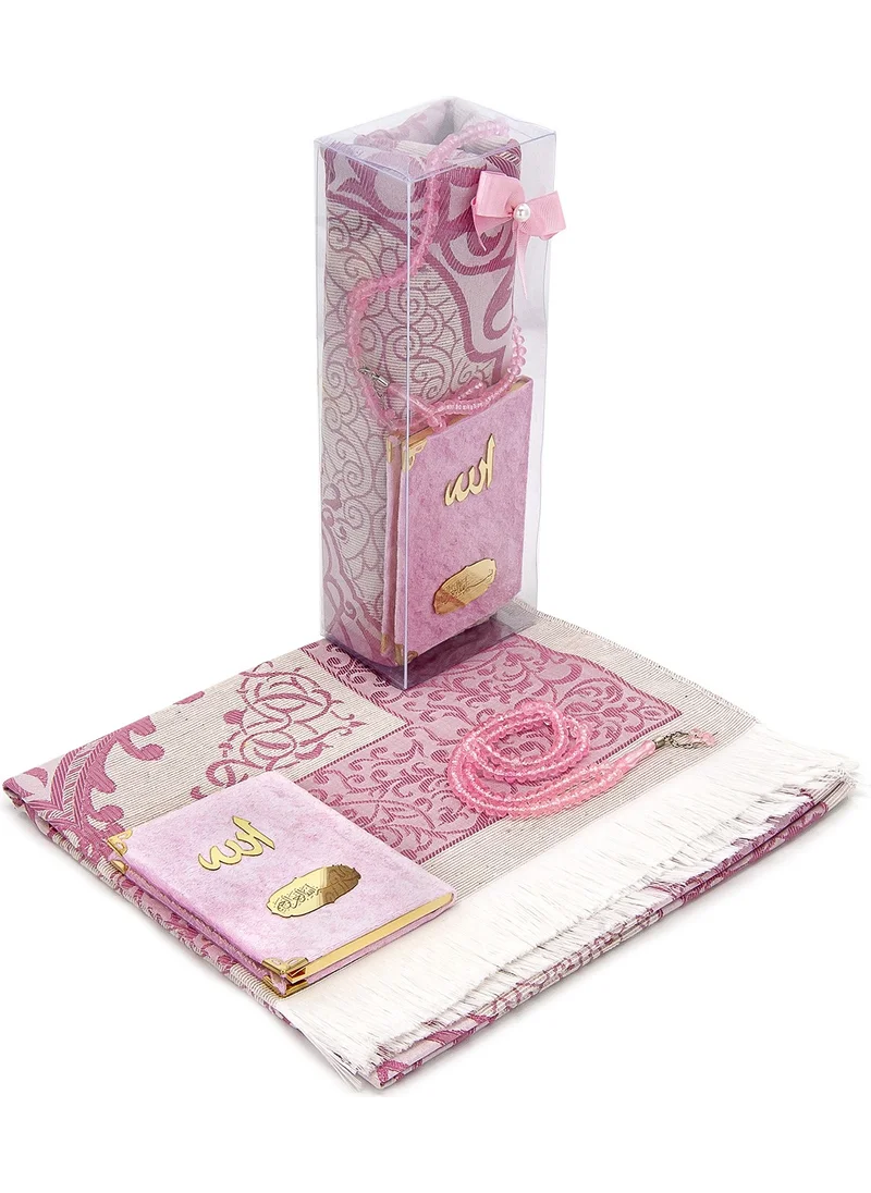 İhvan Online Pocket Size Velvet Yasin Book - Prayer Rug - Prayer Beads and Mawlid Gift with Transparent Box - Pink