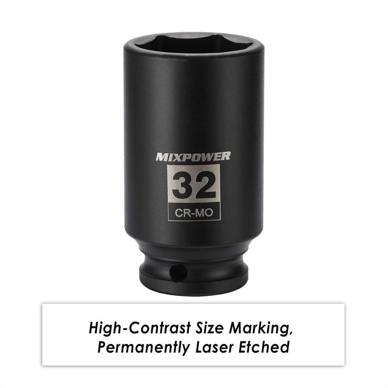 MIXPOWER 1/2" Drive Deep Impact Socket, CR-MO, 32mm, METRIC, 6 Point, Axle Nut Impact Grade Socket for Easy Removal - Image 5