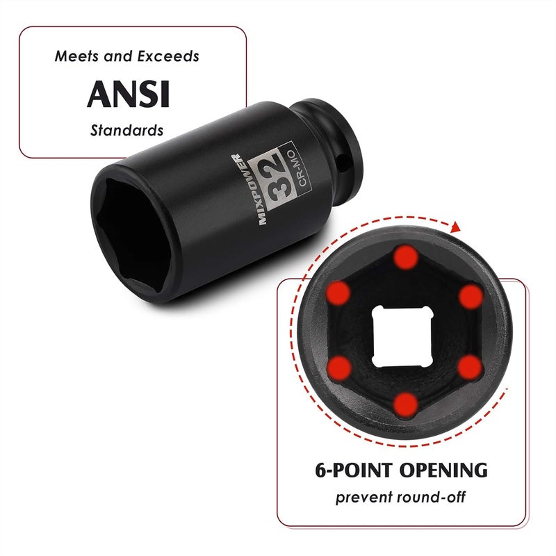 MIXPOWER 1/2" Drive Deep Impact Socket, CR-MO, 32mm, METRIC, 6 Point, Axle Nut Impact Grade Socket for Easy Removal - Image 3