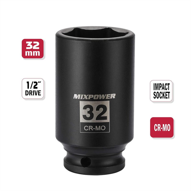 MIXPOWER 1/2" Drive Deep Impact Socket, CR-MO, 32mm, METRIC, 6 Point, Axle Nut Impact Grade Socket for Easy Removal - Image 2
