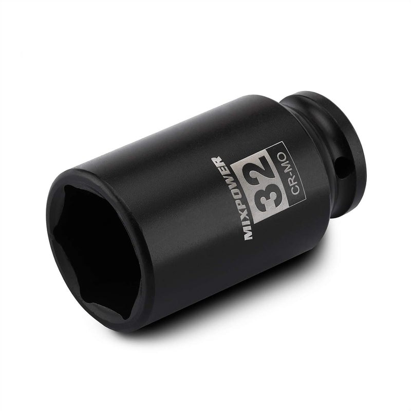 MIXPOWER 1/2" Drive Deep Impact Socket, CR-MO, 32mm, METRIC, 6 Point, Axle Nut Impact Grade Socket for Easy Removal - Image 1