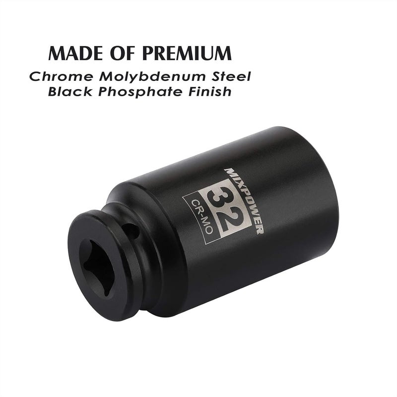 MIXPOWER 1/2" Drive Deep Impact Socket, CR-MO, 32mm, METRIC, 6 Point, Axle Nut Impact Grade Socket for Easy Removal - Image 4
