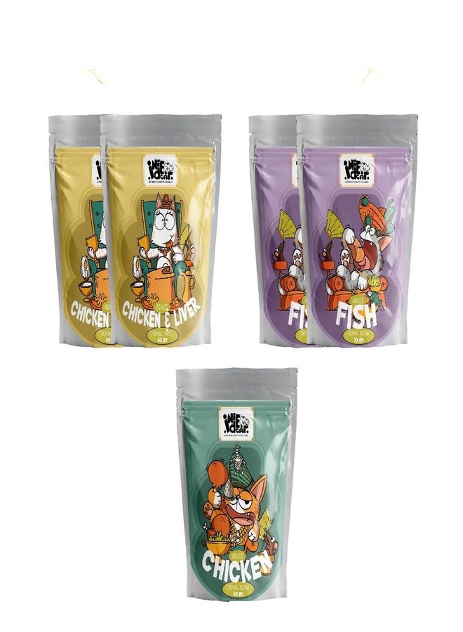 Indie Cat Royal Wet Food for Adult Cats - Trial Combo Pack of 5 (Chicken & Liver 2x80g, Fish 2x70g, Chicken 1x80g), Grain & Gluten Free, No Artificial Flavours, Natural Healthy Minced Cat Food Pouch
