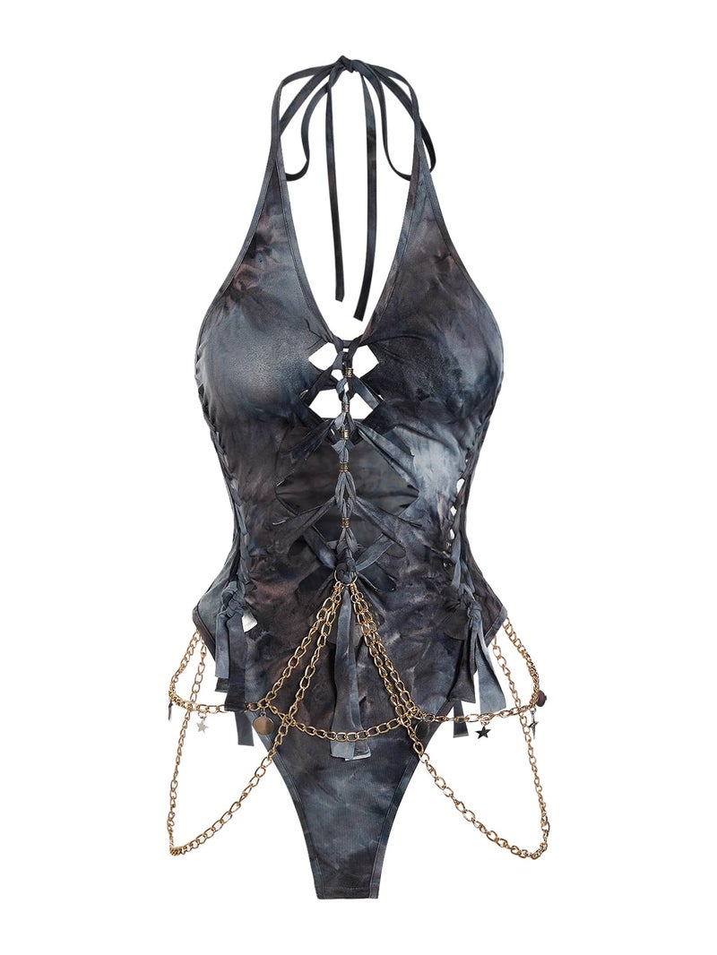 Floerns Women's Gothic Cut Out Lace Up Bodysuit Going Out Halter Neck Rave Body Suits Black Grey Multi Small - Image 1
