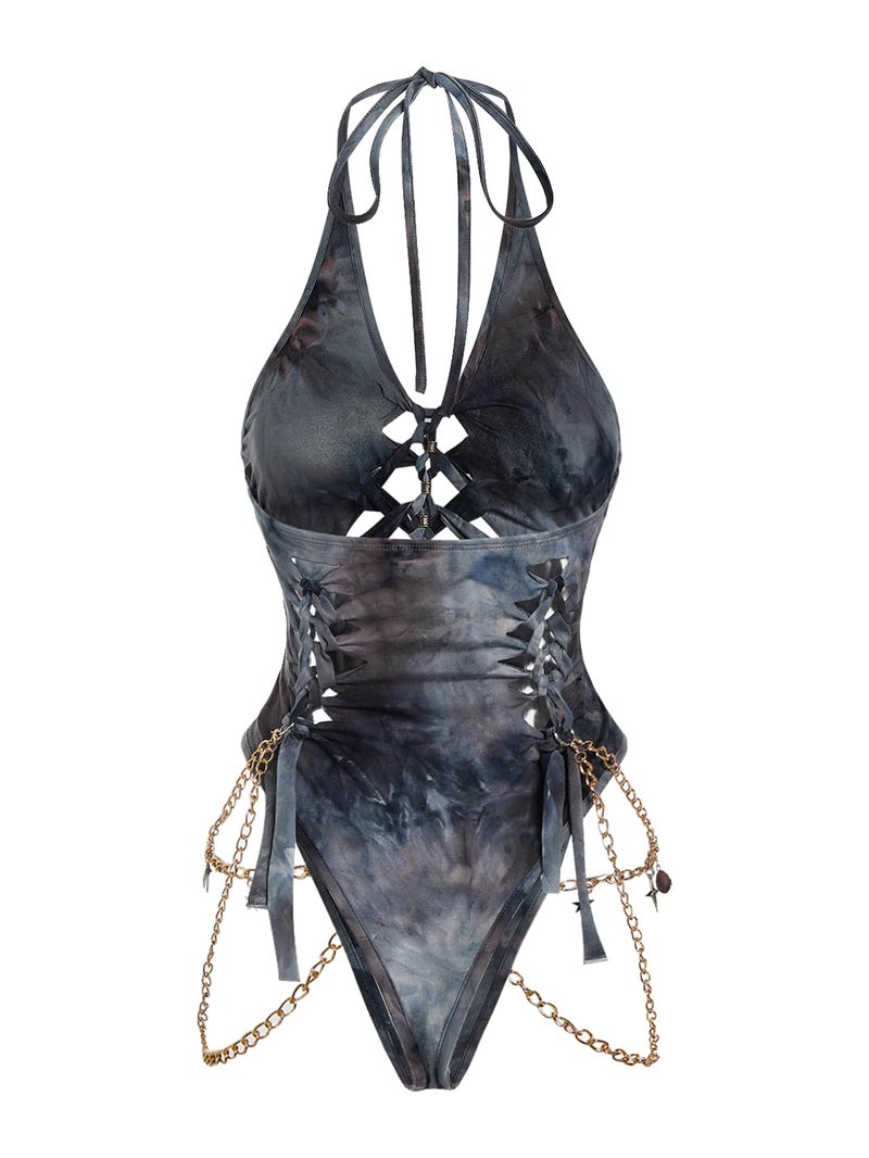 Floerns Women's Gothic Cut Out Lace Up Bodysuit Going Out Halter Neck Rave Body Suits Black Grey Multi Small - Image 2