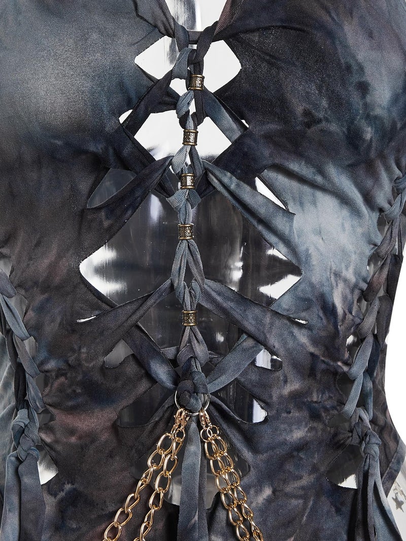 Floerns Women's Gothic Cut Out Lace Up Bodysuit Going Out Halter Neck Rave Body Suits Black Grey Multi Small - Image 4