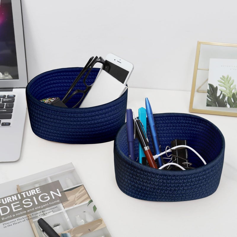 Abenkle ?2 Pack? Small Woven Baskets  Tiny Oval Shallow Storage Baskets  Mini Cotton Rope Empty Decorative Basket  Boho Little Organizer Bins For Bathroom  Cat Dog Toy Gifts Basket - Image 5