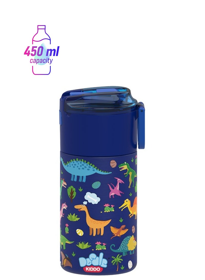 Doodle Kiddo Dinosaur Stainless Steel Insulated Water Bottle 450ml - Leak-Proof, Drop-Resistant, Push Button, Carry Handle - Ideal for Back to School - Image 1