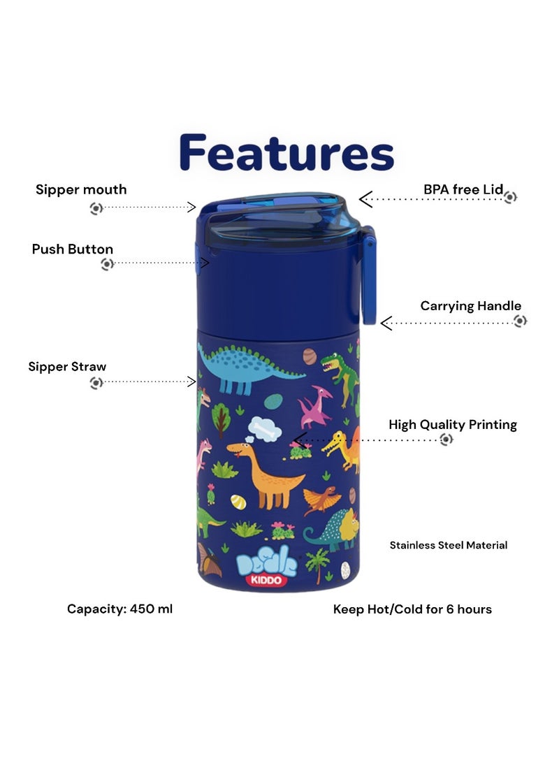 Doodle Kiddo Dinosaur Stainless Steel Insulated Water Bottle 450ml - Leak-Proof, Drop-Resistant, Push Button, Carry Handle - Ideal for Back to School - Image 2