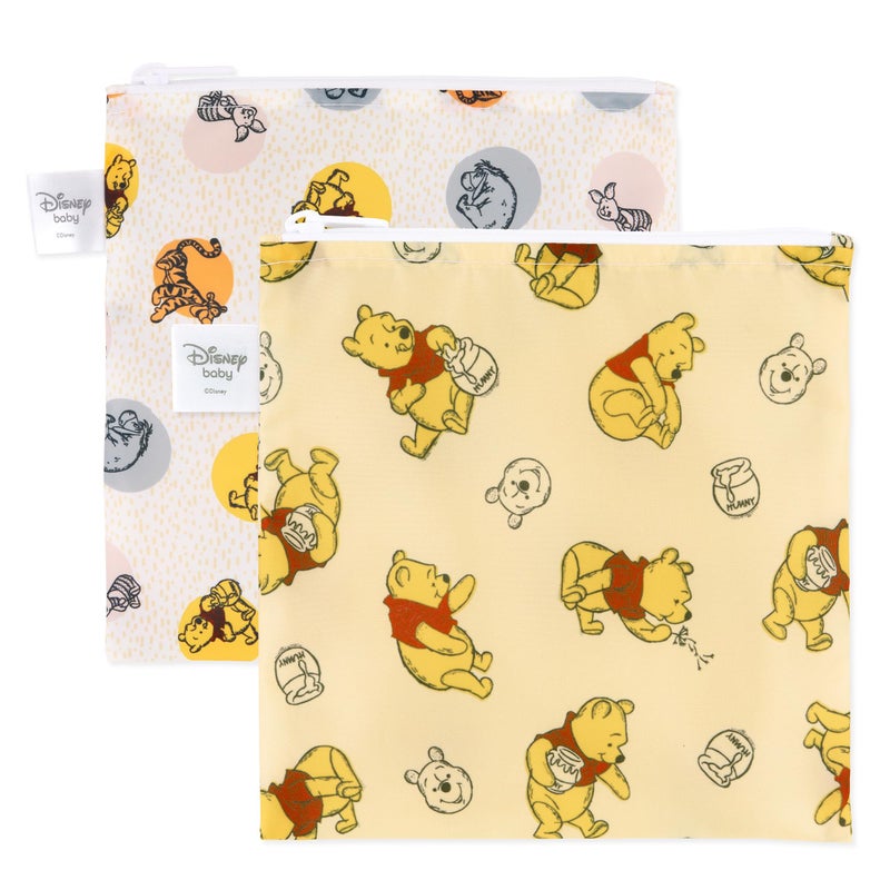 Bumkins Disney Reusable Sandwich and Snack Bags for Kids School Lunch and for Adults Portion Washable Fabric Waterproof Cloth Zip Bag Travel Pouch FoodSafe Storage Large 2pk Winnie the Pooh