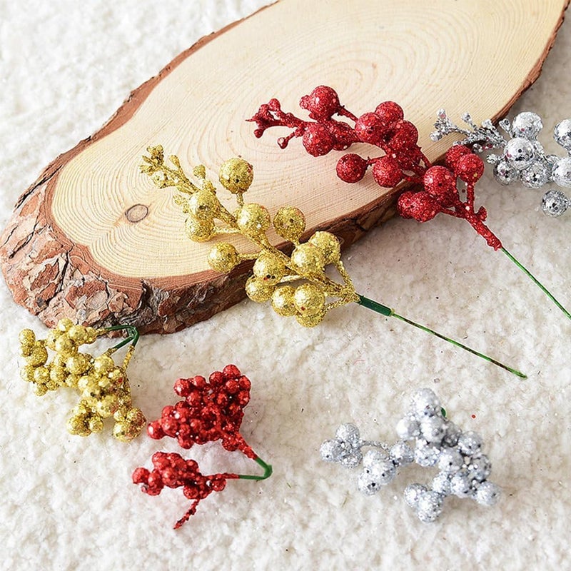 BAKEFY 10 Golden Berry Christmas Glitter Berries Stems 7.8 Inch Artificial Sparking Berries Stems Christmas Glitter Faux Berry Sprigs for Tree Ornaments Holiday Xmas Crafts Wreath Garland - Image 2