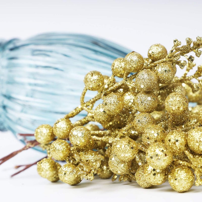 BAKEFY 10 Golden Berry Christmas Glitter Berries Stems 7.8 Inch Artificial Sparking Berries Stems Christmas Glitter Faux Berry Sprigs for Tree Ornaments Holiday Xmas Crafts Wreath Garland - Image 3