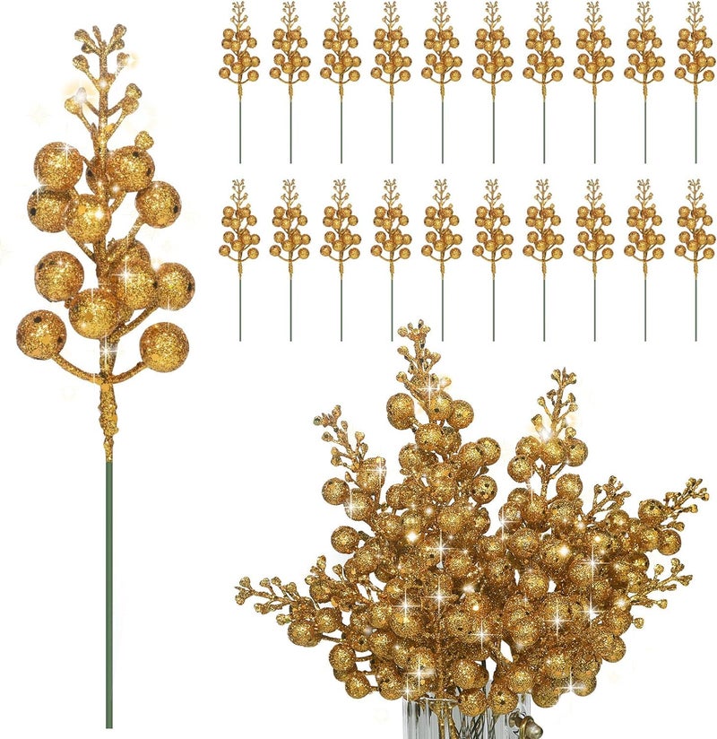 BAKEFY 10 Golden Berry Christmas Glitter Berries Stems 7.8 Inch Artificial Sparking Berries Stems Christmas Glitter Faux Berry Sprigs for Tree Ornaments Holiday Xmas Crafts Wreath Garland - Image 1