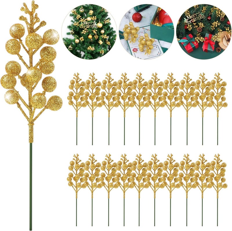 BAKEFY 10 Golden Berry Christmas Glitter Berries Stems 7.8 Inch Artificial Sparking Berries Stems Christmas Glitter Faux Berry Sprigs for Tree Ornaments Holiday Xmas Crafts Wreath Garland - Image 4