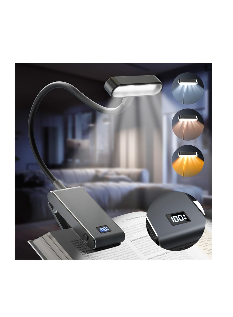 Rechargeable Book Light, with Power Display, 3 Color & Brightness Adjustable, 120 Hrs Runtime Flexible Goose Neck Clip on Book Light, Clip on Light, CRI 90 Eye Caring Book Lights for Reading at Night