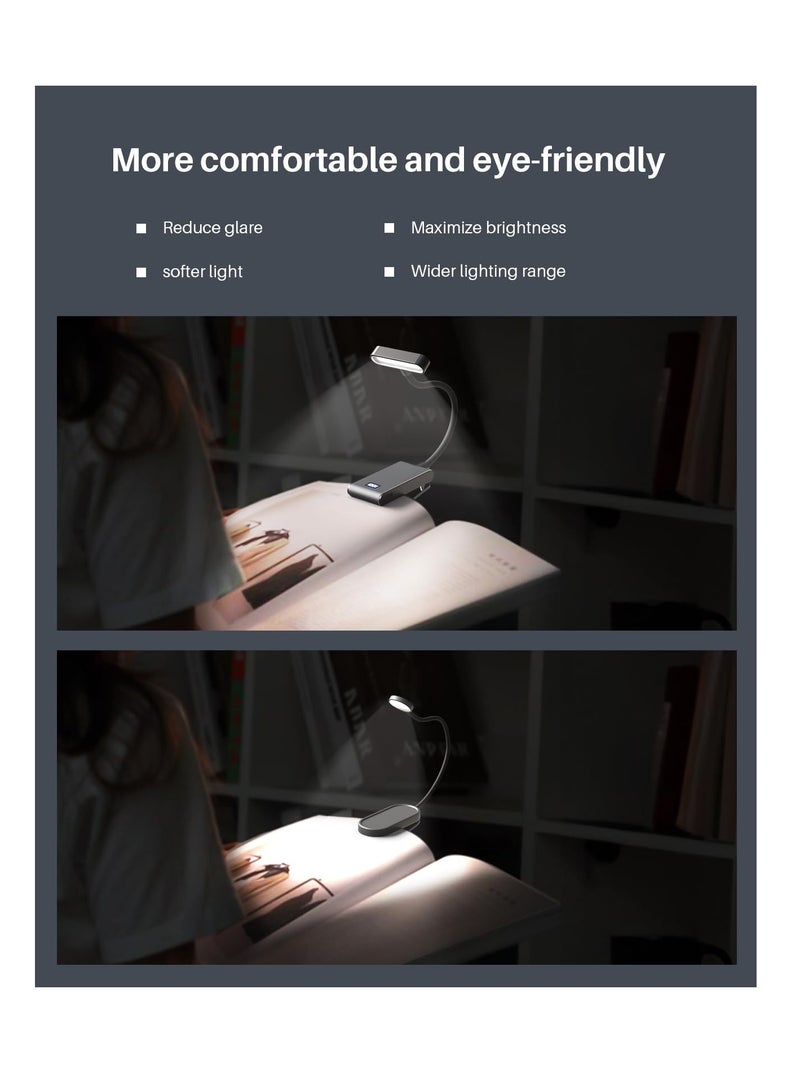 Rechargeable Book Light, with Power Display, 3 Color & Brightness Adjustable, 120 Hrs Runtime Flexible Goose Neck Clip on Book Light, Clip on Light, CRI 90 Eye Caring Book Lights for Reading at Night
