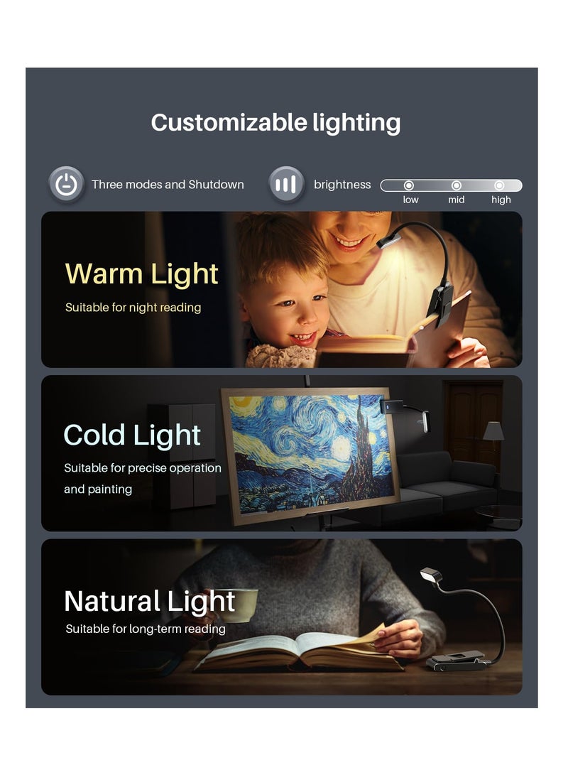 Rechargeable Book Light, with Power Display, 3 Color & Brightness Adjustable, 120 Hrs Runtime Flexible Goose Neck Clip on Book Light, Clip on Light, CRI 90 Eye Caring Book Lights for Reading at Night