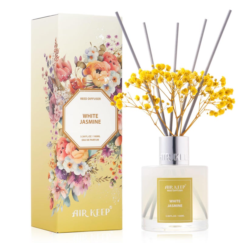 Airkeep Reed Diffuser Set 3.38 Fl Oz (100 Ml) - White Jasmine Oil Diffusers With 8 Reed Sticks  Home Fragrance Reed Diffuser For Bathroom Shelf Decor - Image 1