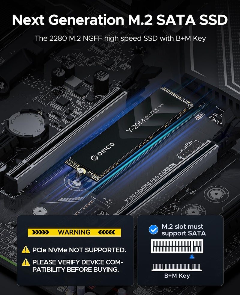 ORICO 1TB M.2 2280 SATA SSD(Not PCIe NVMe), Internal M.2 SSD with B+M Key for Desktop/Laptop, SATA III 6Gbps NGFF Solid State Drive Low Power Consumption - Y20M - Image 2
