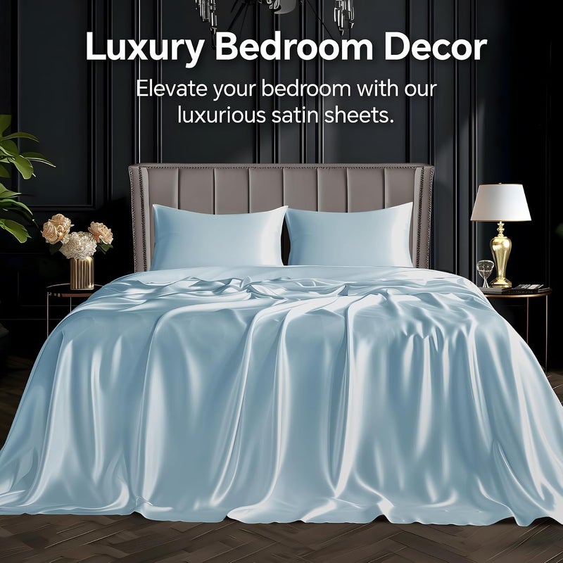 BEDELITE Satin Sheets Queen Size Bed Set, Luxury Soft Light Blue Silky Sheets for Hair and Skin, Similar to Silk Bed Sheets Set 4 Pieces （1 Deep Pocket Fitted Sheet, 1 Flat Sheet, and 2 Pillowcases） - Image 2