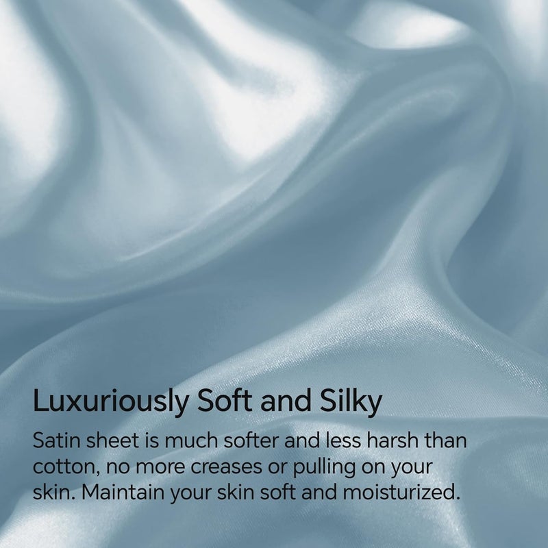 BEDELITE Satin Sheets Queen Size Bed Set, Luxury Soft Light Blue Silky Sheets for Hair and Skin, Similar to Silk Bed Sheets Set 4 Pieces （1 Deep Pocket Fitted Sheet, 1 Flat Sheet, and 2 Pillowcases） - Image 3