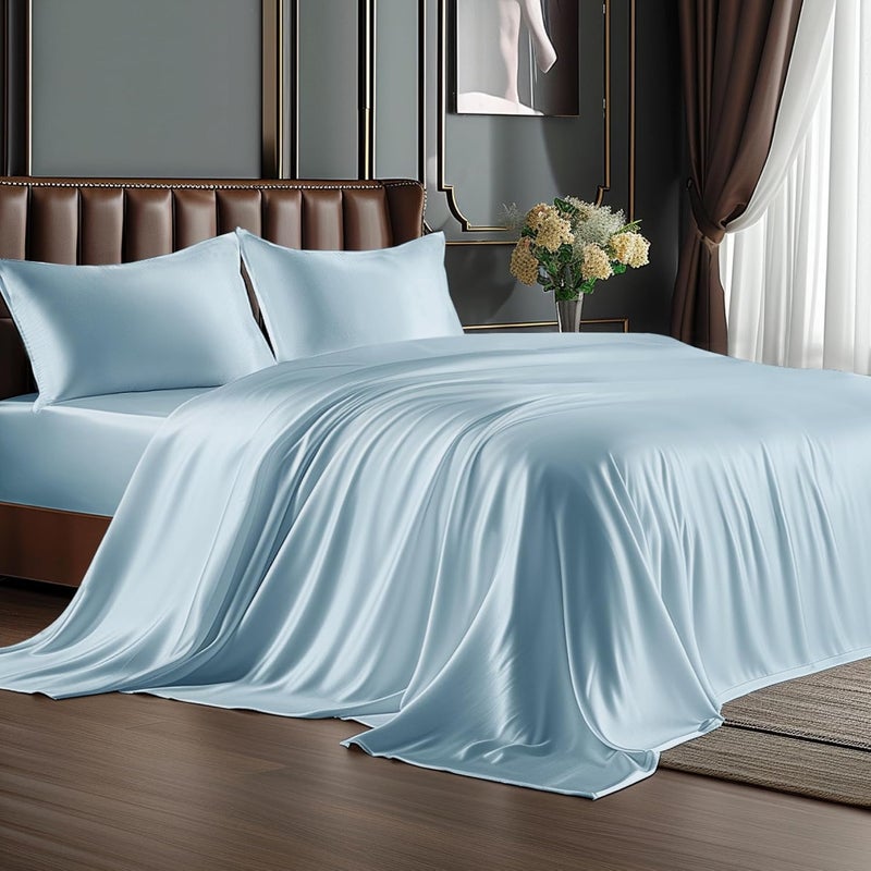 BEDELITE Satin Sheets Queen Size Bed Set, Luxury Soft Light Blue Silky Sheets for Hair and Skin, Similar to Silk Bed Sheets Set 4 Pieces （1 Deep Pocket Fitted Sheet, 1 Flat Sheet, and 2 Pillowcases） - Image 1